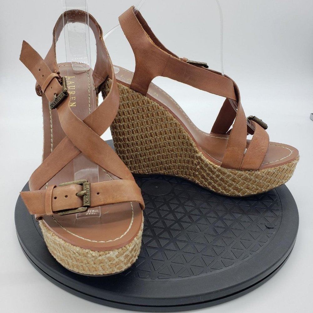 Lauren Ralph Lauren Dover Tan Leather Espadrille Wedge Sandals Womens 8B